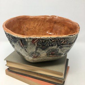 Handmade Ceramic Orange Cream Stamped Bamboo Leaves Crackled Four Sided Bowl